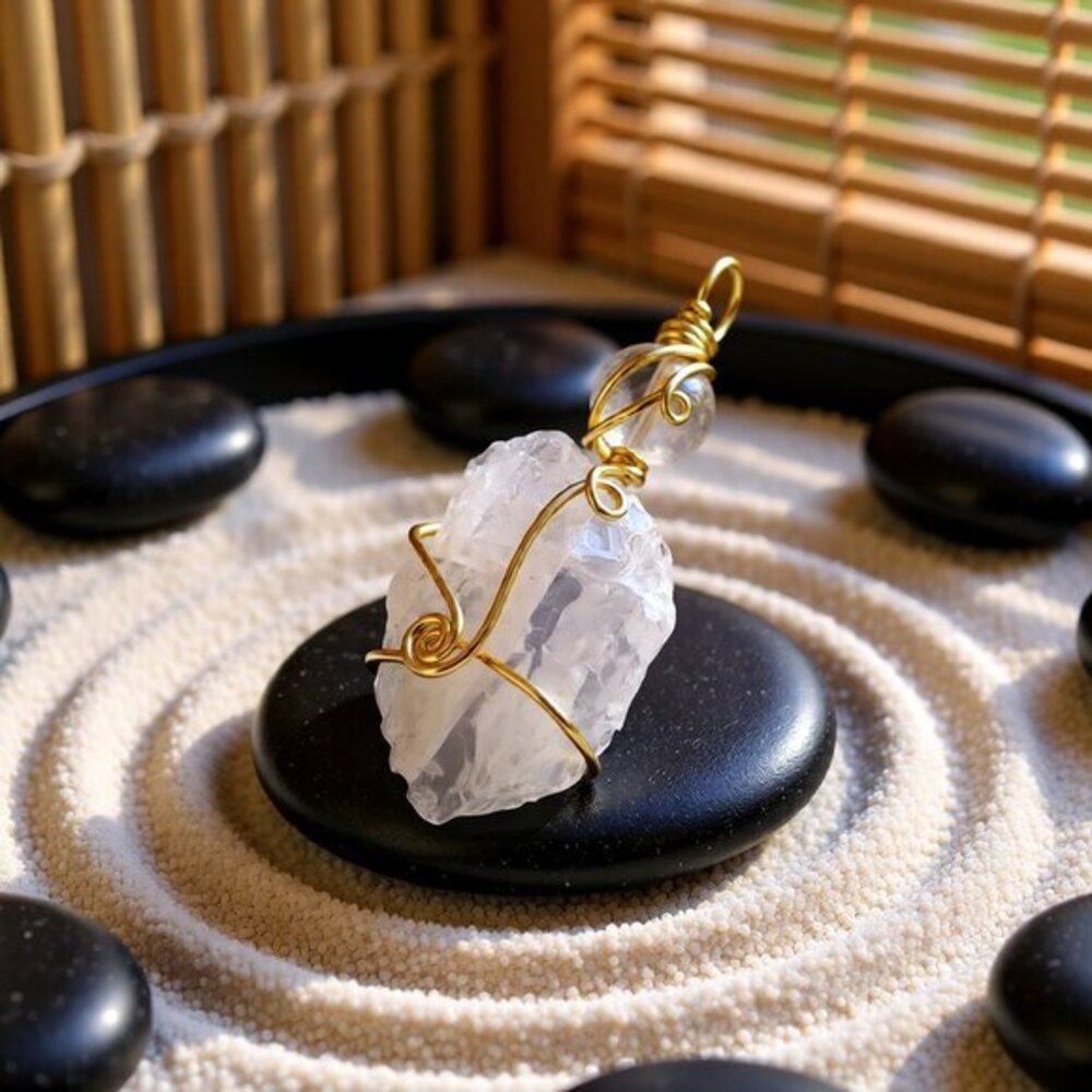 Wire Wrapped Raw/Rough Quartz Stone & Bead • Raw Gemstone Crystal Pendant
